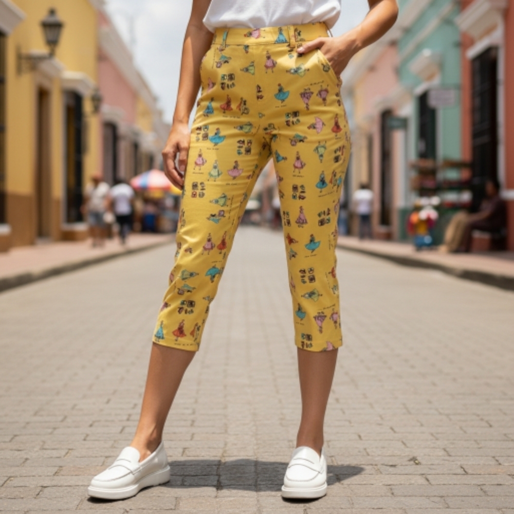 Vintage Bill Blass capri pants yellow woman pattern cotton EUC how lovely sz 8